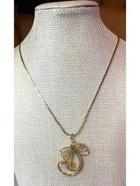 Vintage 60s Act II Fluid Form Angel Gold Tone Pendant Herringbone Chain Necklace